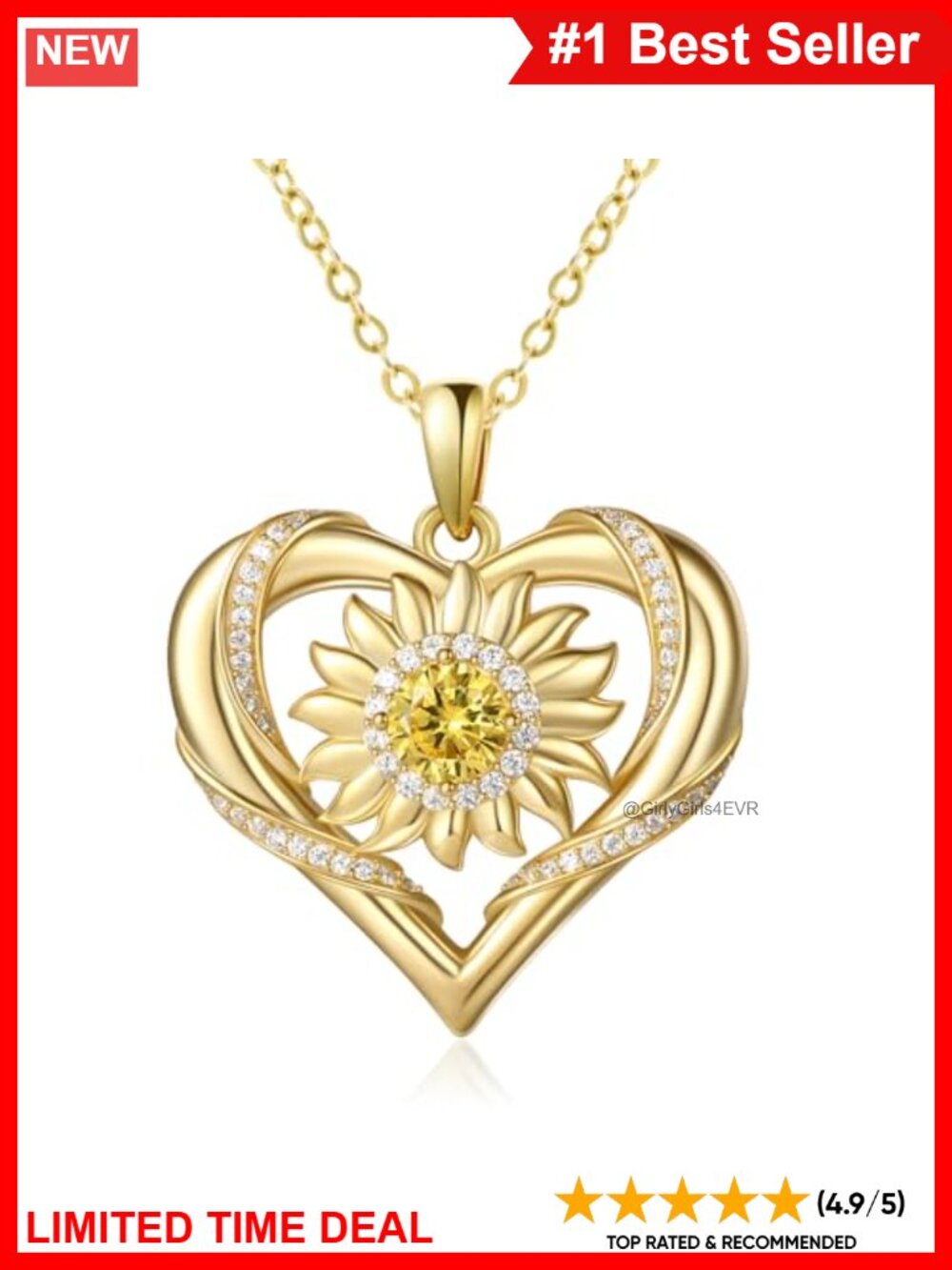 Sunflower Heart Necklace 925 Sterling Silver Citrine Pendant 14K Gold Plated
